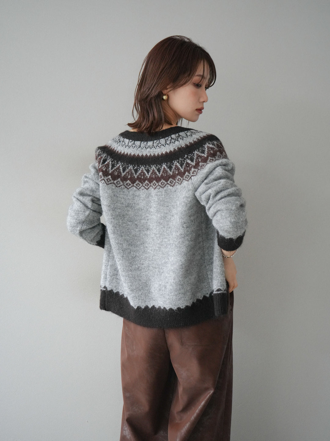 [予約]ノルディック柄ニットカーディガン/gray