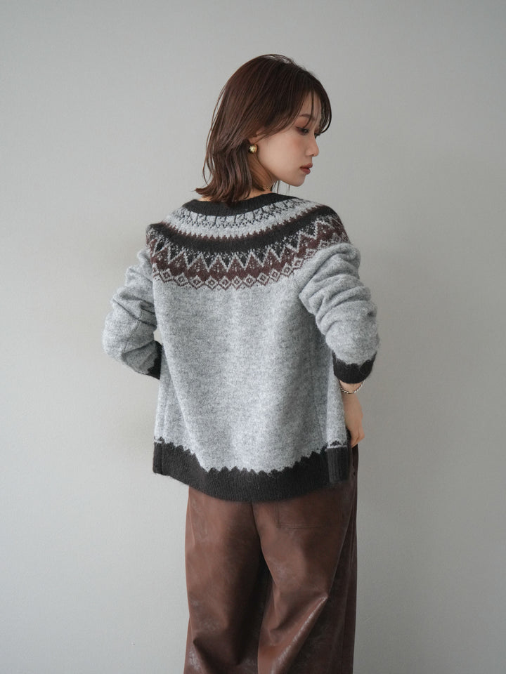 [予約]ノルディック柄ニットカーディガン/gray