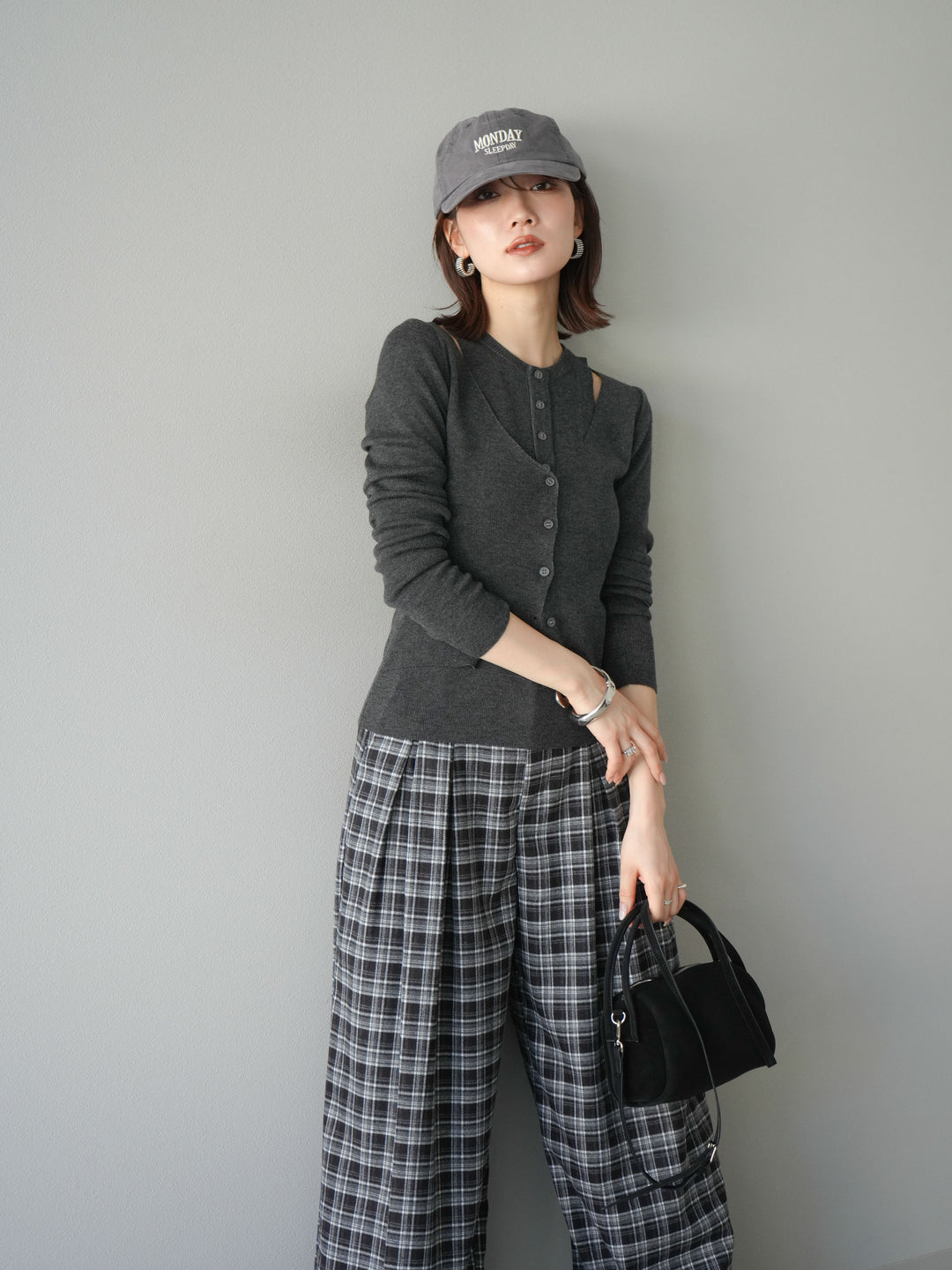 [予約]レイヤードデザインニットカーディガン/チャコール