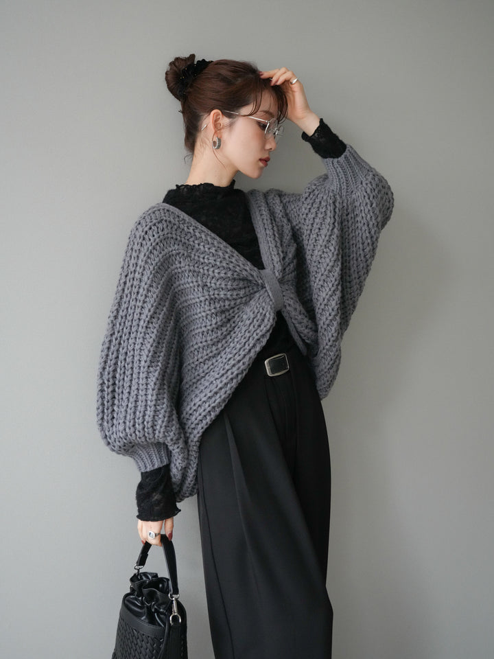 [SET]ローゲージ畦編みドルマンニットボレロ+起毛レースプチネックトップス(2set)