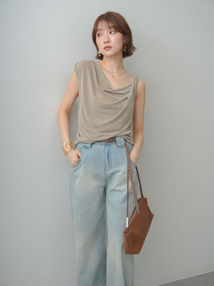 [予約]ツイストショルダーアシメドレープトップス/beige