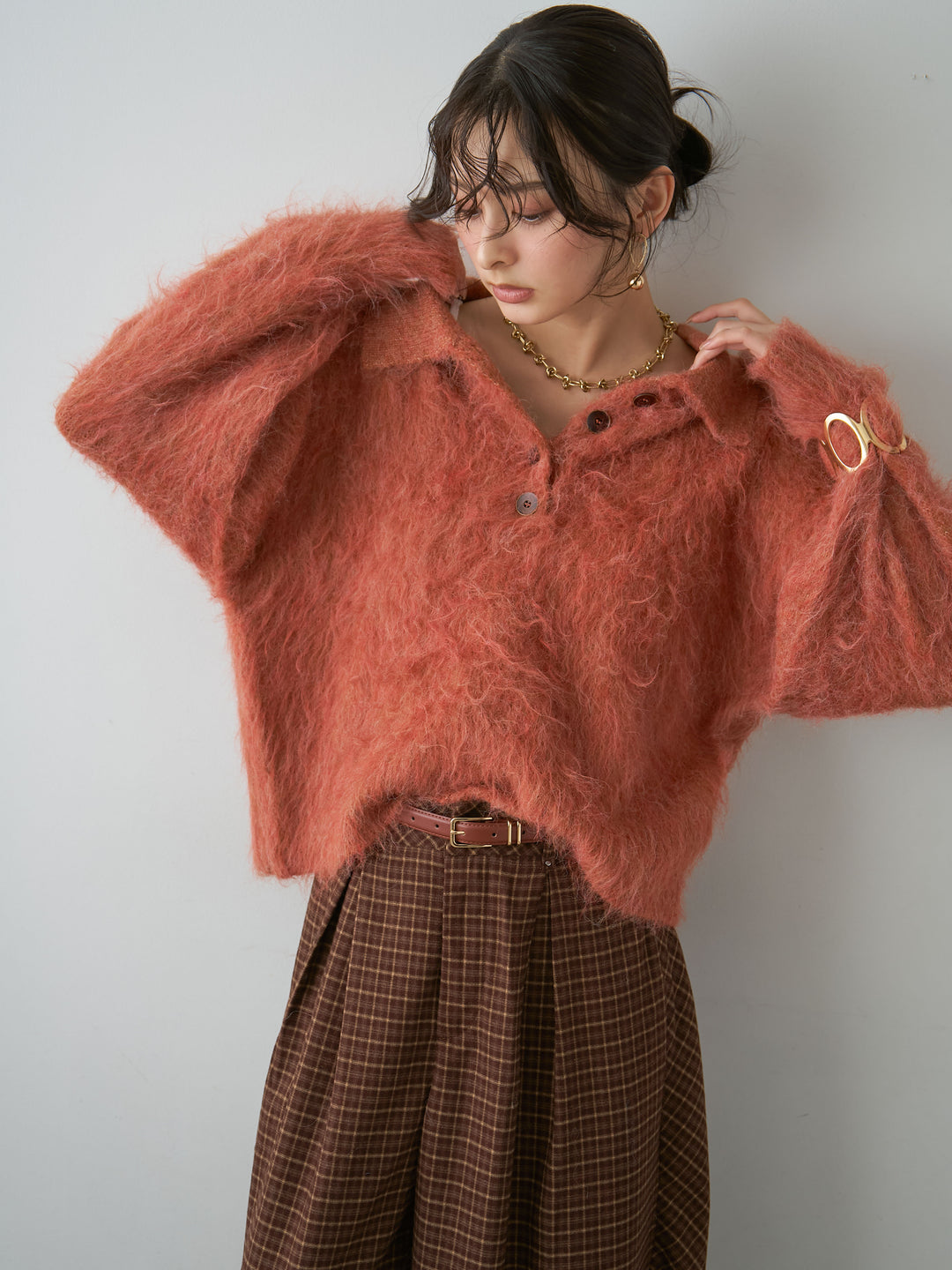 [SET]ヘンリーシャギーニットトップス+チェックタックワイドパンツ(2set)