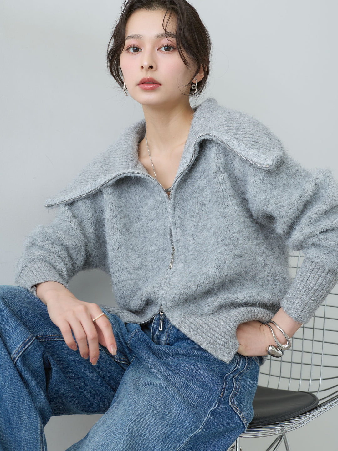 [予約]ビッグカラーシャギーニットブルゾン/rightgray