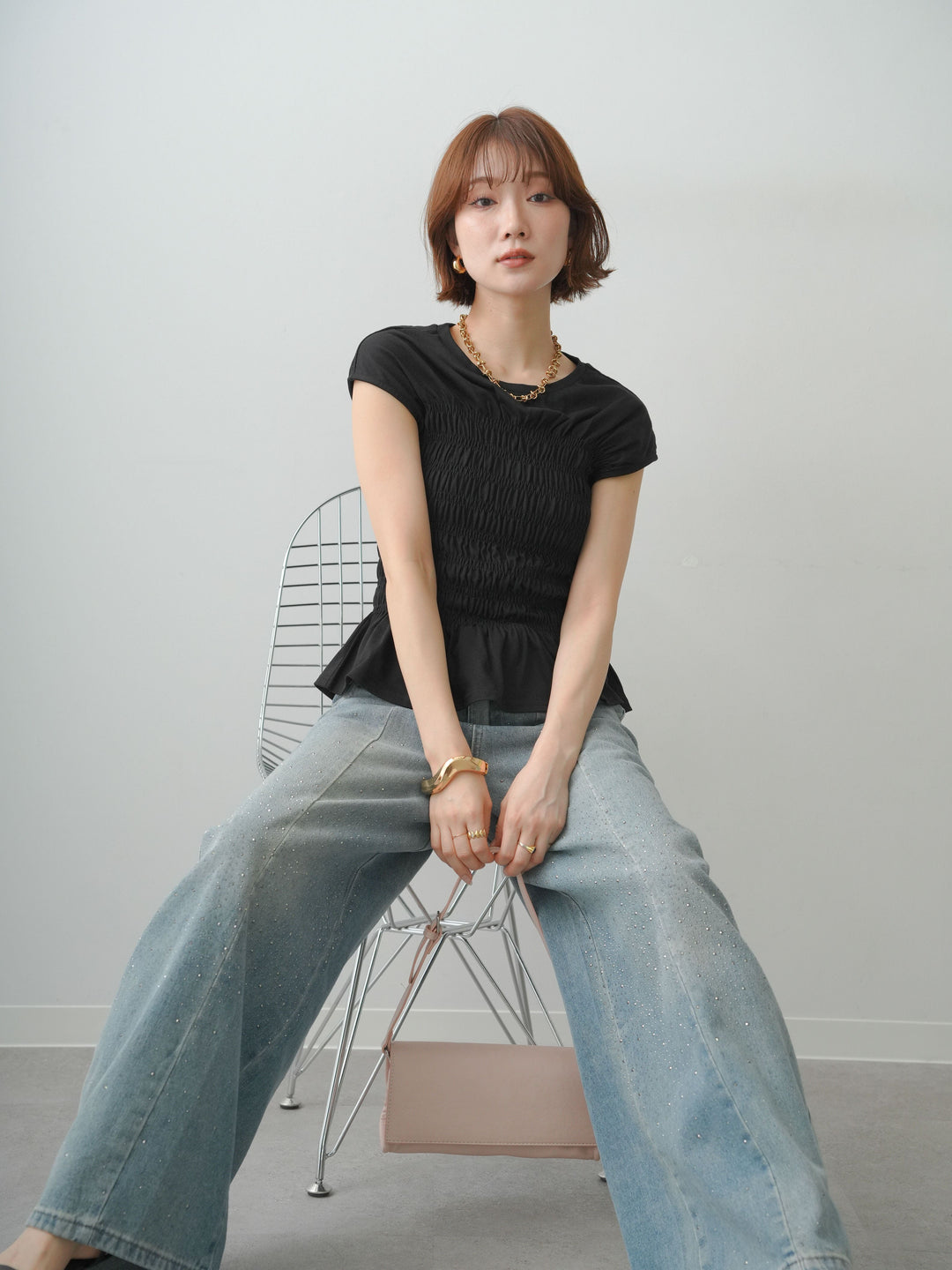 [予約]フレンチスリーブシャーリングトップス/black