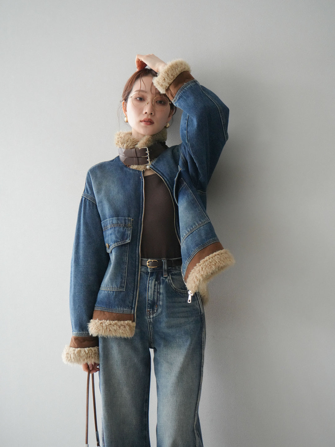 [予約]スタンドカラーファー×デニムジャケット/blue