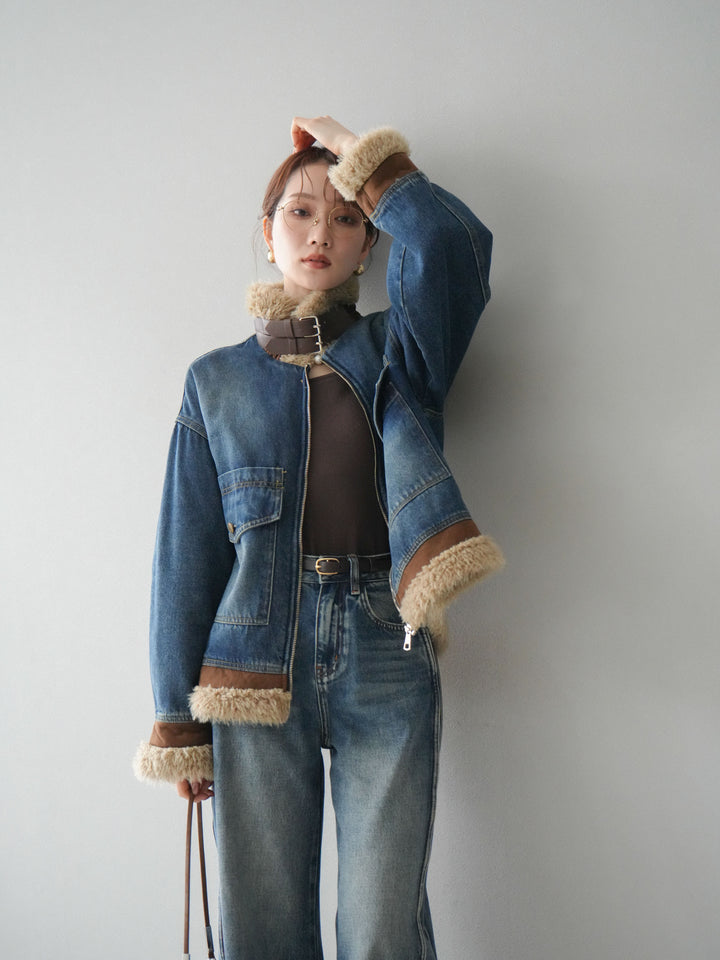 [予約]スタンドカラーファー×デニムジャケット/blue