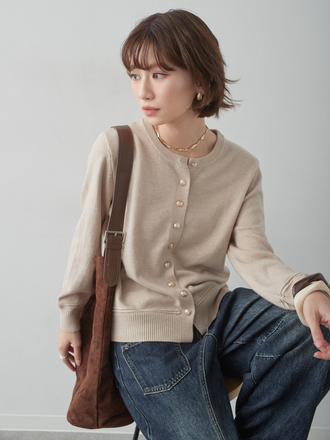 [予約]ゴールドボタンニットカーディガン/beige