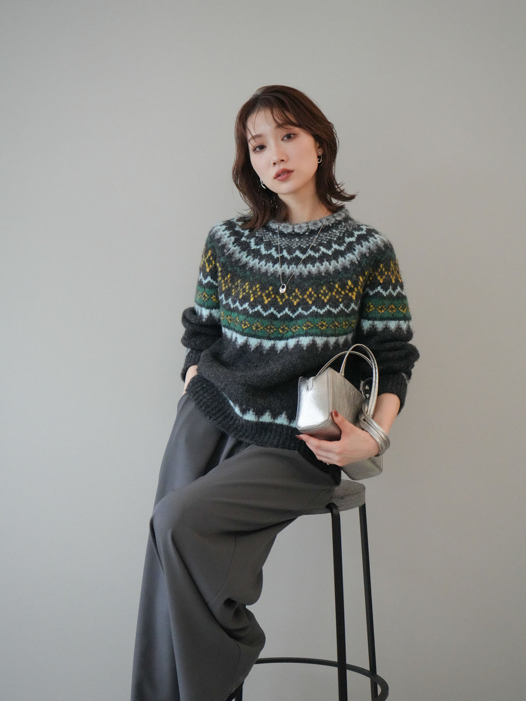 [予約]ウールタッチ求心柄オーバーニットプルオーバー/gray