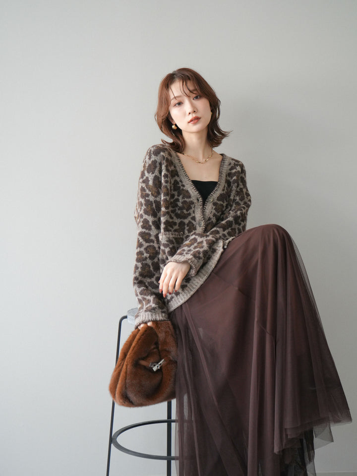 [予約]アニマル柄ステッチニットカーディガン/khaki