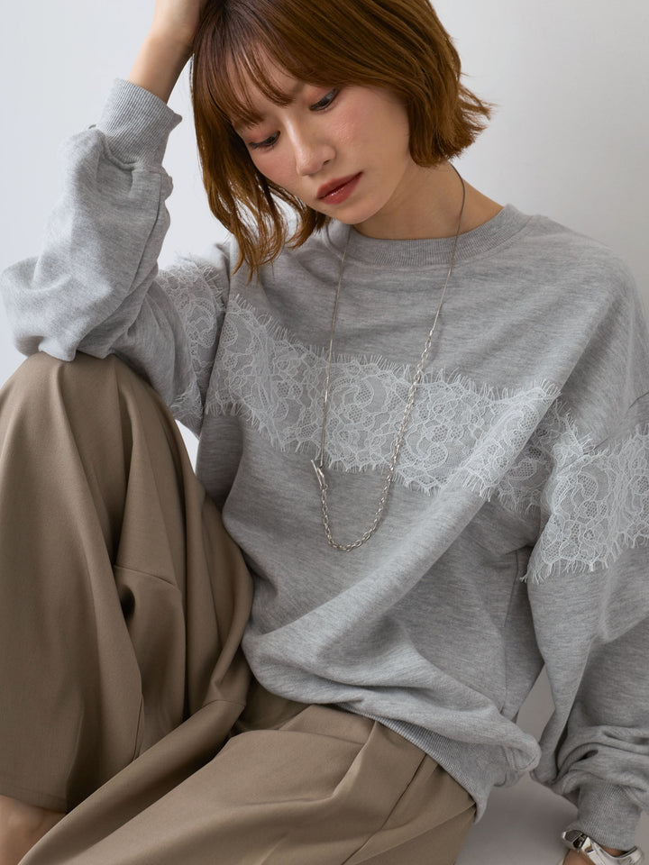 [SET]裏毛レースドッキングプルオーバー+ツイルタックワイドパンツ(2set)