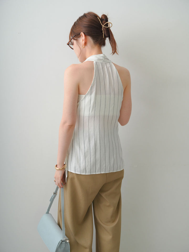 [SET]ストライプカシュクールジレ+クレープデシンタックワイドパンツ(2set)