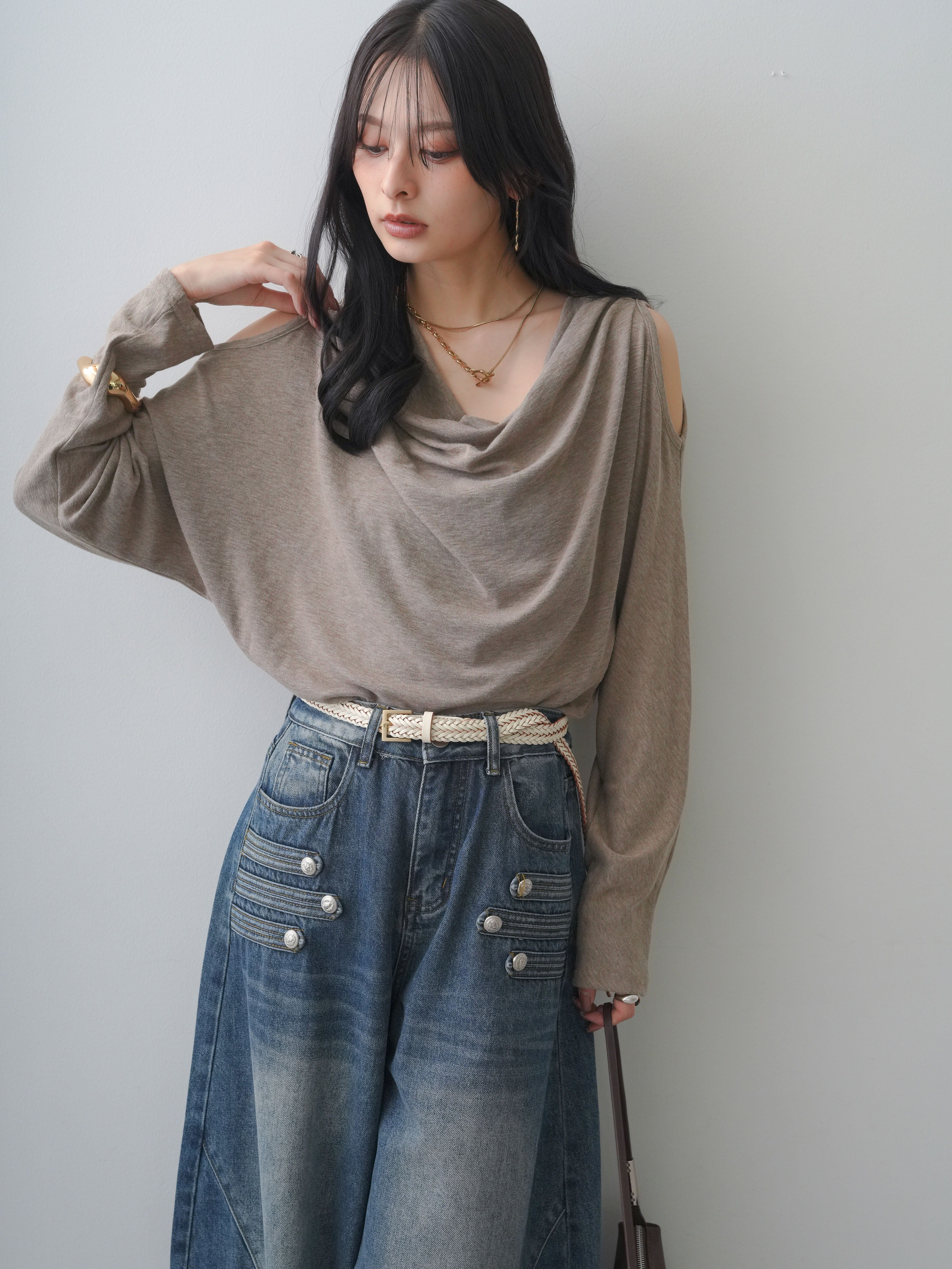 SET]レースレイヤードデザインドレープシアートップス+レース