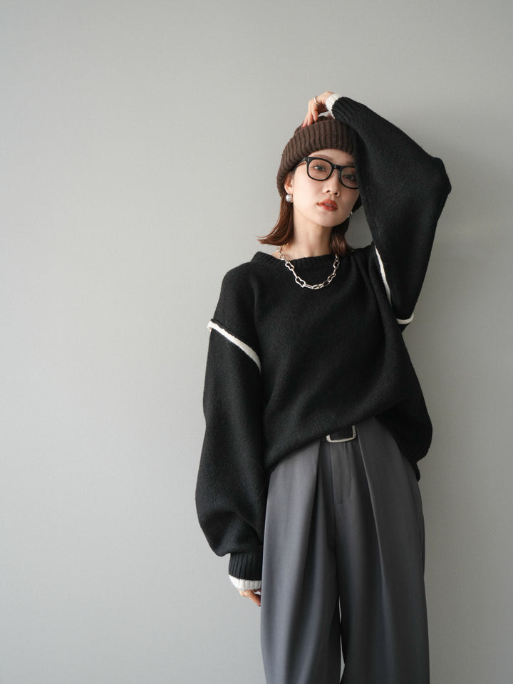 [予約]バイカラーパイピングニットプルオーバー/black