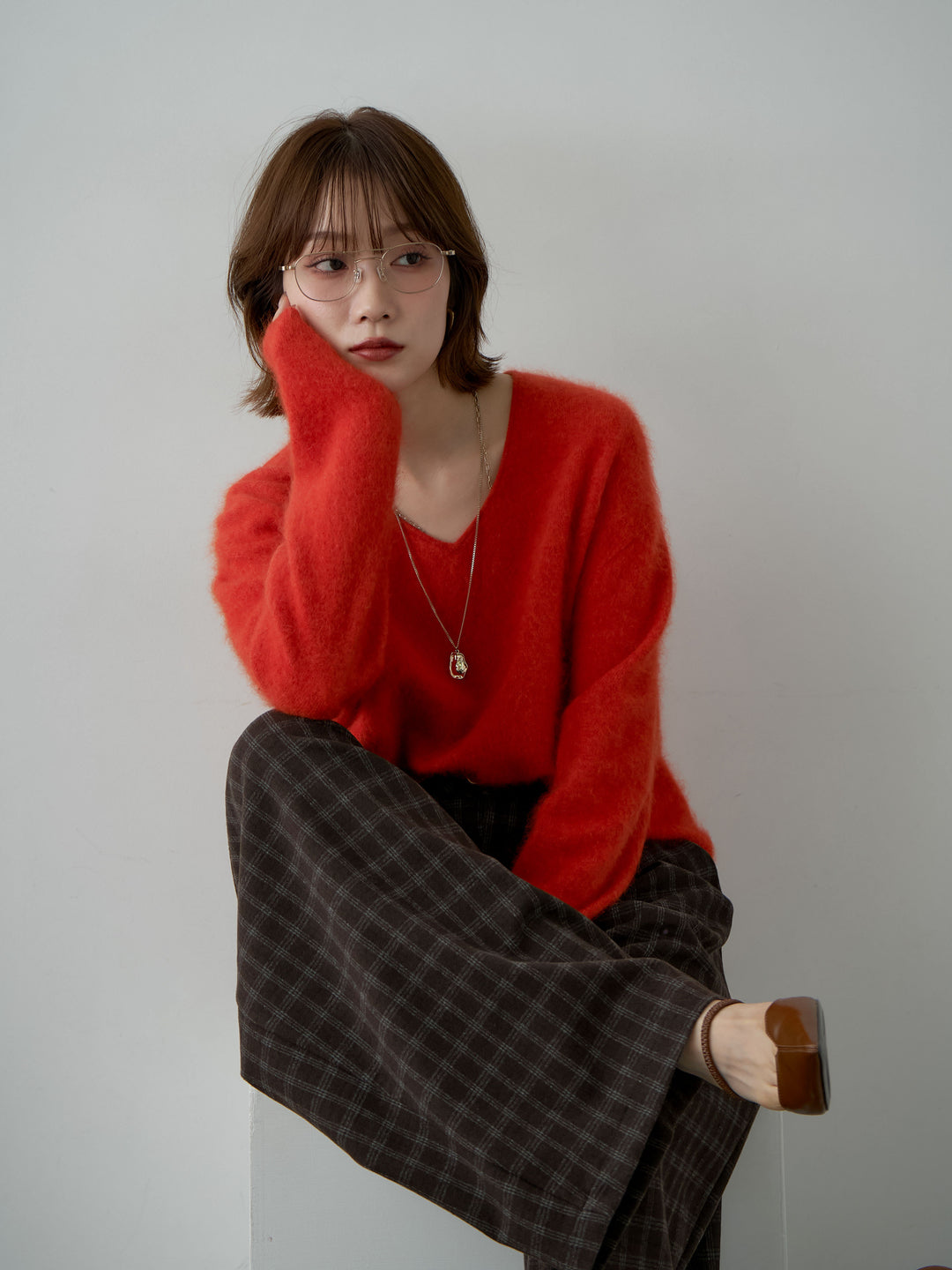 [SET]カシミア混フェザータッチVネックニットトップス+チェックサイドベルトデザインタックパンツ(2set)