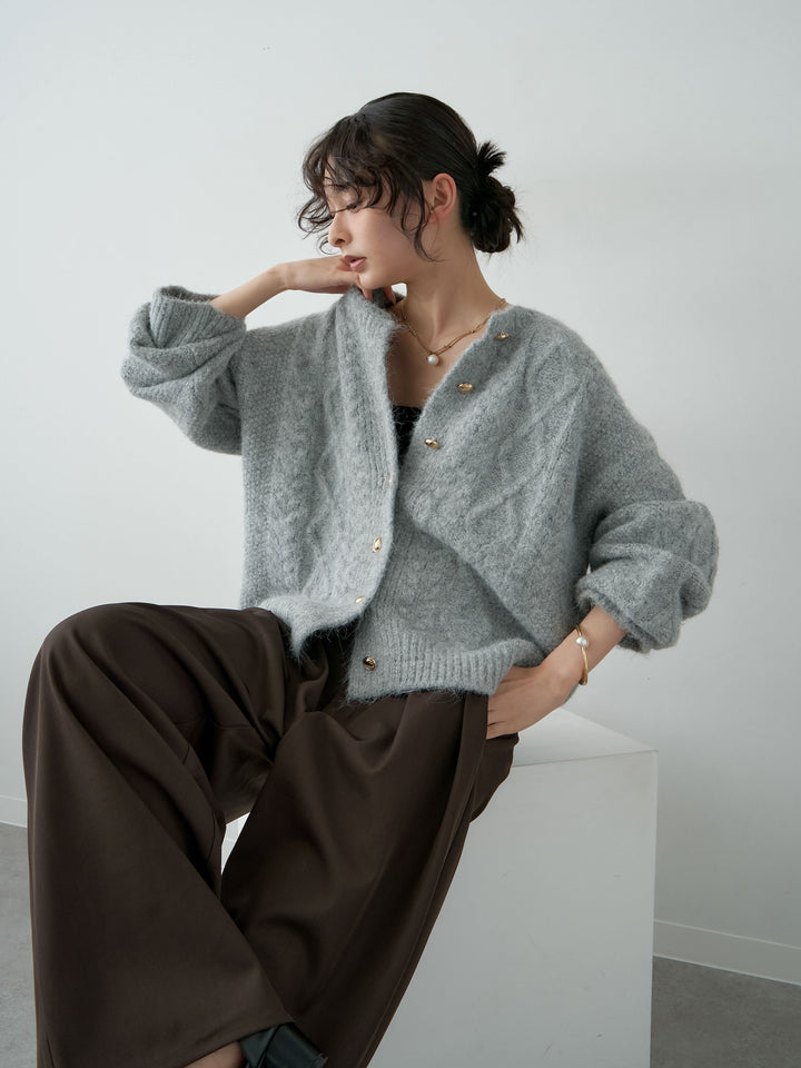 [SET]ゴールドボタンケーブルシャギーガーディガン+ツイルタックワイドパンツ(2set)