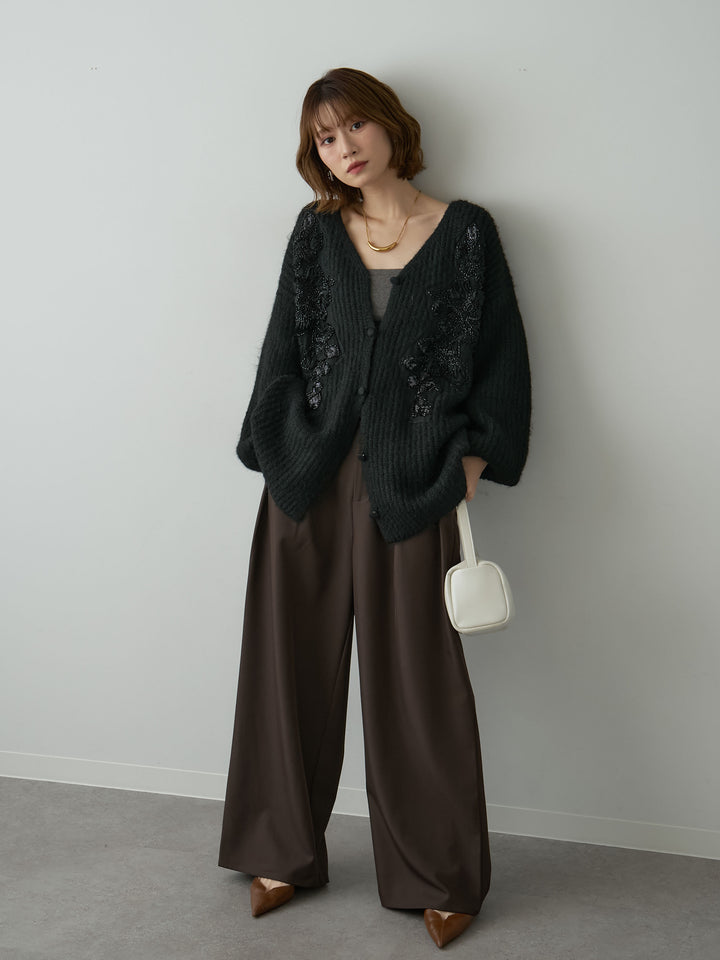 [SET]フローラルビーズニットロングカーディガン+ツイルタックワイドパンツ(2set)