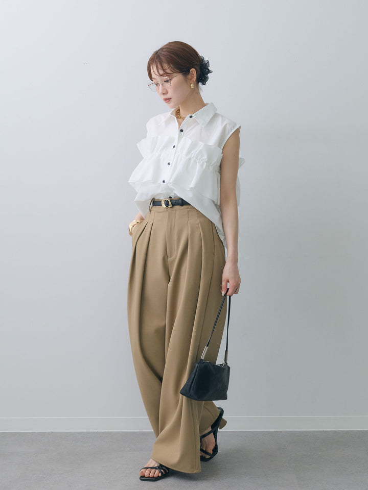 [SET]フリルノースリーブシャツ+クレープデシンタックワイドパンツ(2set)