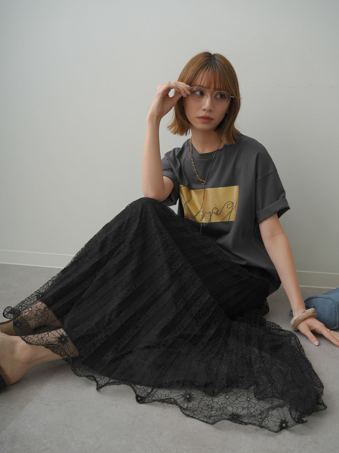 [SET]箔プリントボックスTEE+フローラルレースプリーツスカート(2set)