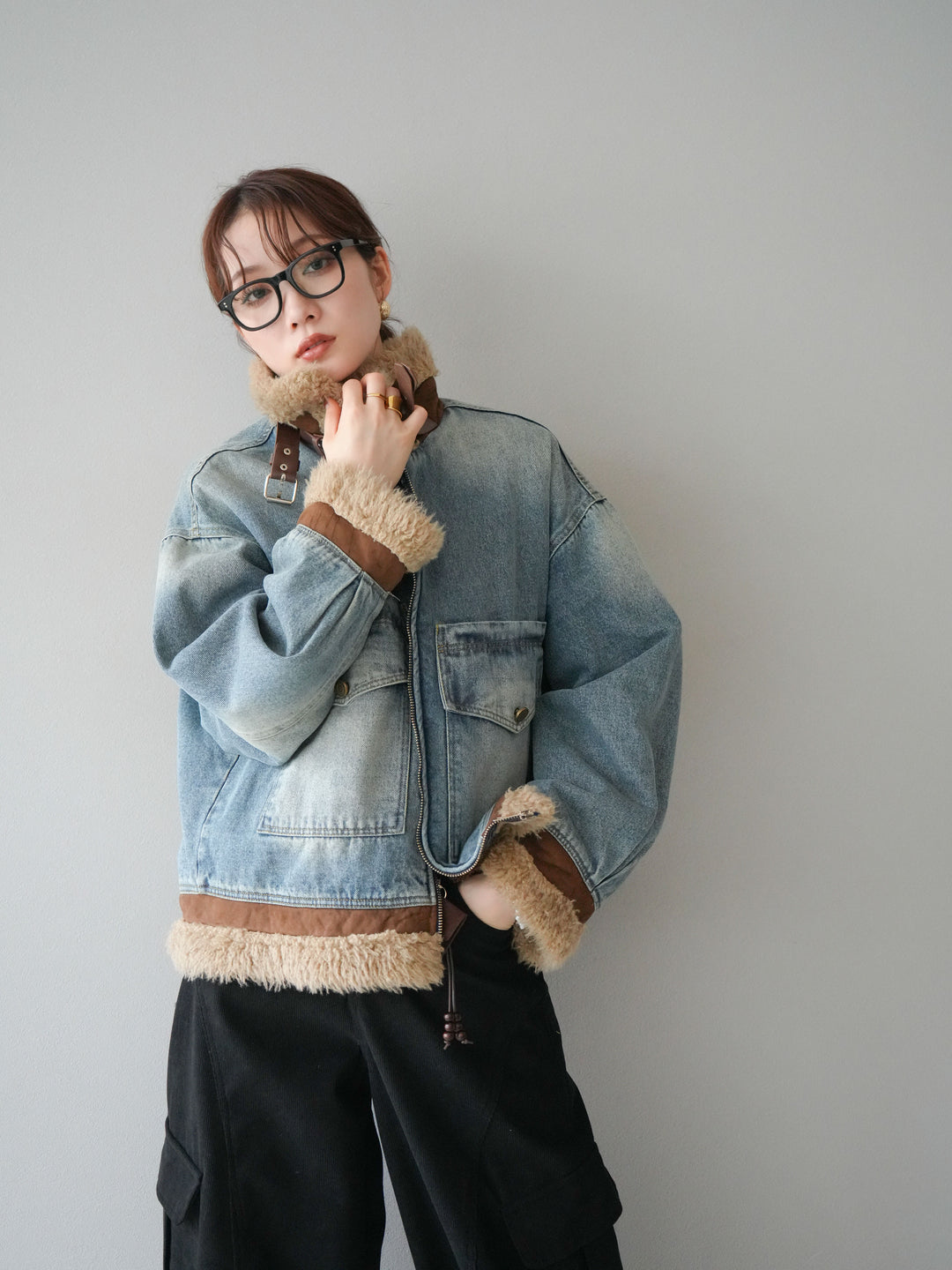 [予約]スタンドカラーファー×デニムジャケット/lightblue