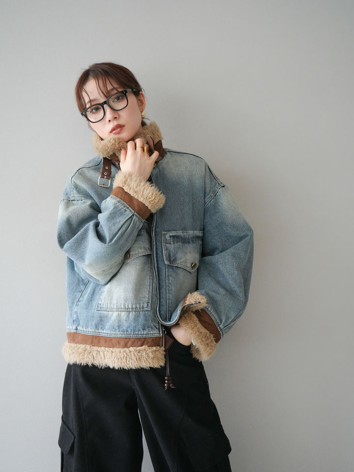 [予約]スタンドカラーファー×デニムジャケット/lightblue