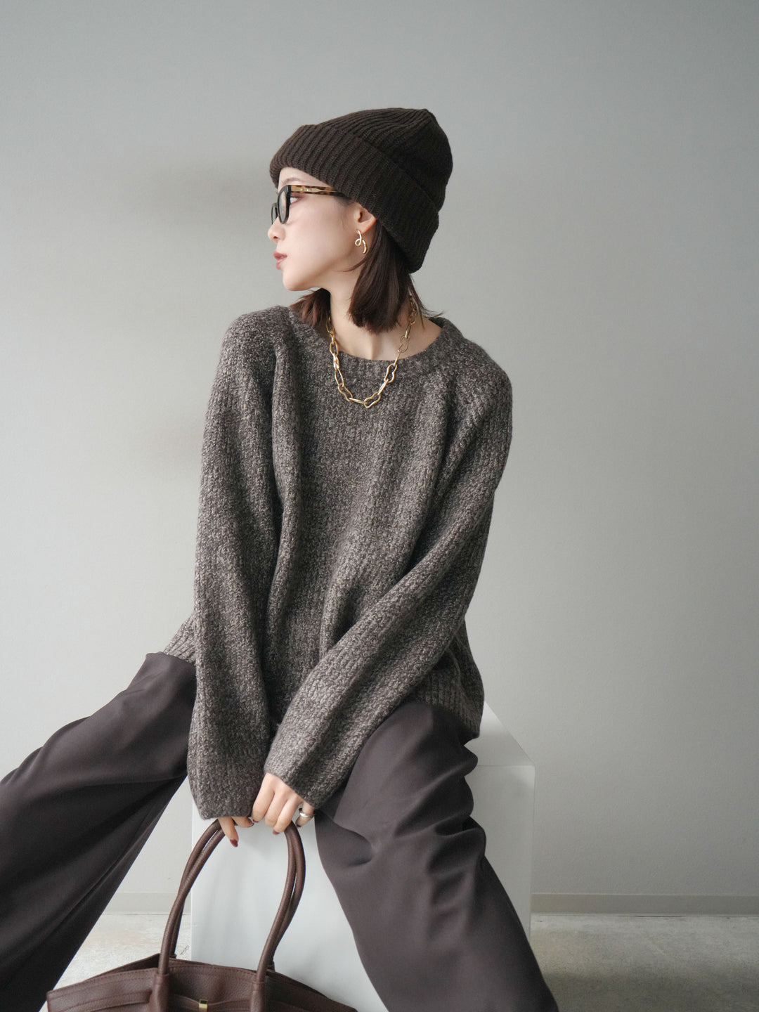 [予約]クルーネック畦編みミックスニット/brown