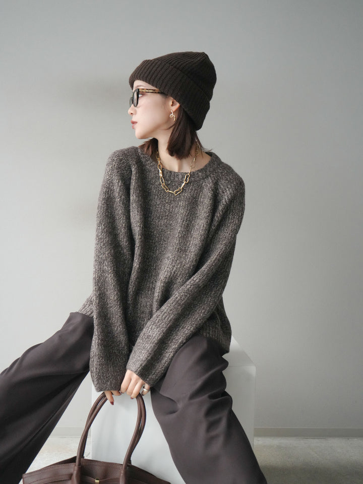 [予約]クルーネック畦編みミックスニット/brown