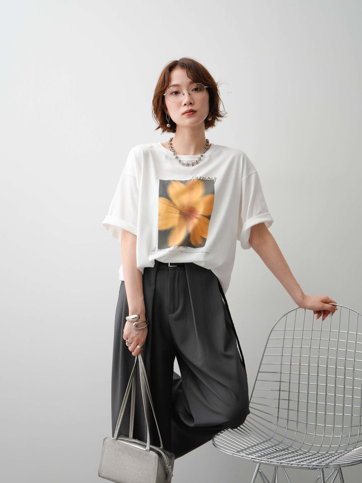[SET]フラワーフォトTEE+ベルトループデザインワイドパンツ(2set)