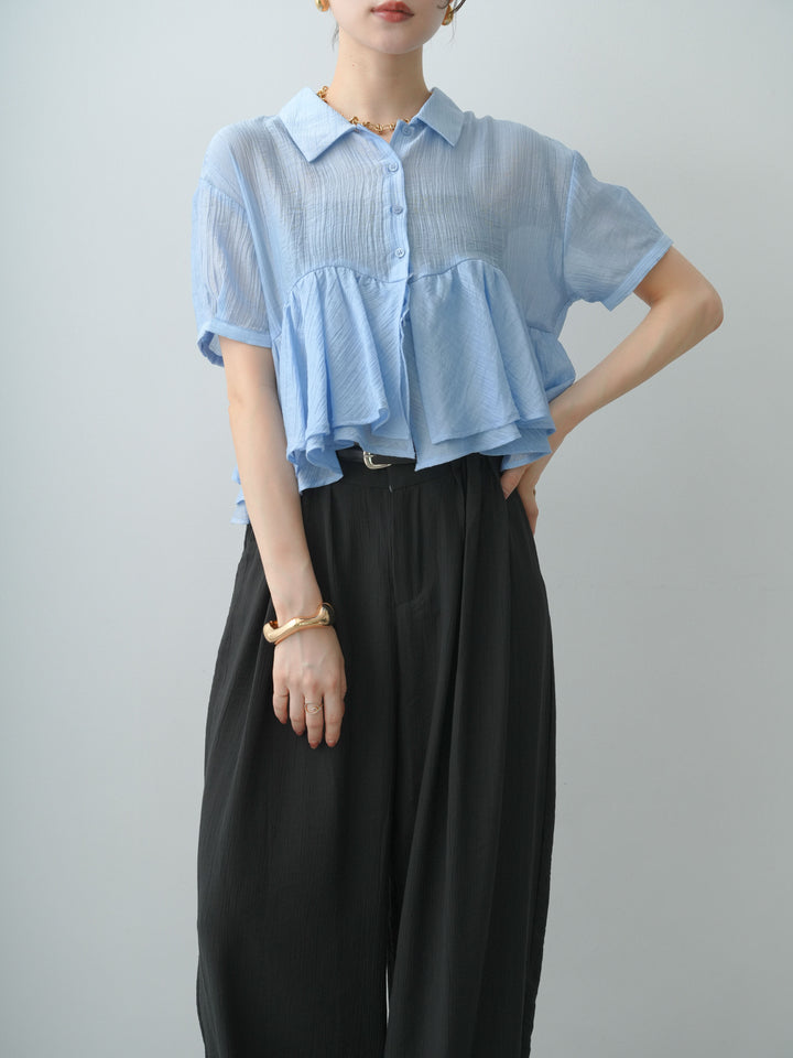 [SET]楊柳ペプラムシアーハーフシャツ+ベルト付ワッシャーライトワイドパンツ(2set)