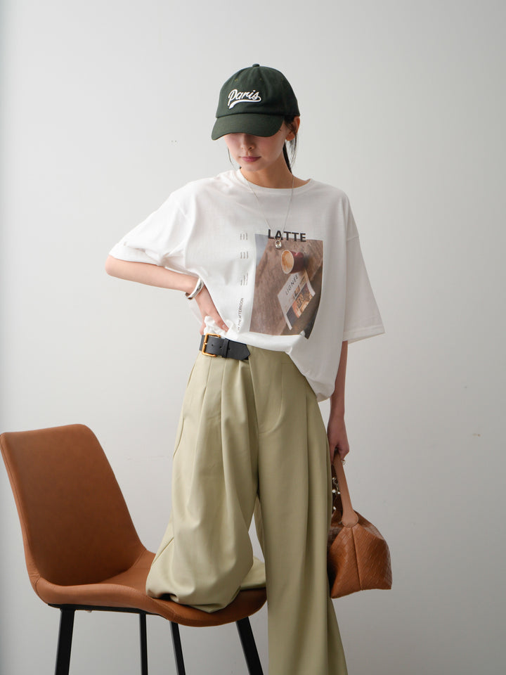 [SET]フォトプリントロゴTEE+アシンメトリーベルトタックワイドパンツ(2set)