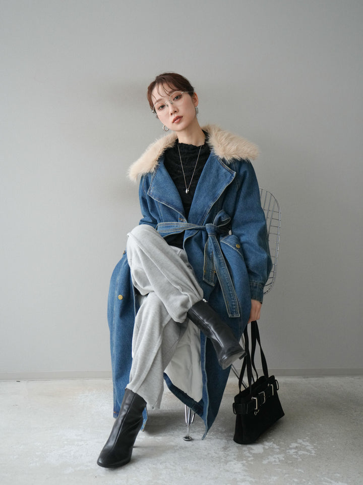 [予約]ファー襟デニムロングコート/blue