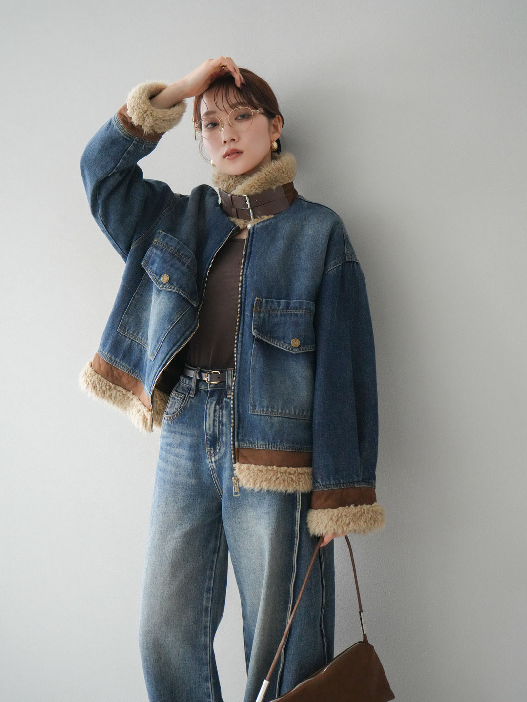 [予約]スタンドカラーファー×デニムジャケット/blue