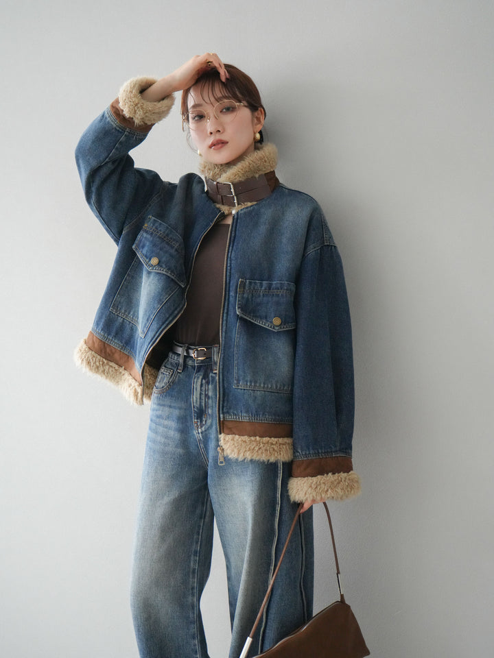 [予約]スタンドカラーファー×デニムジャケット/blue