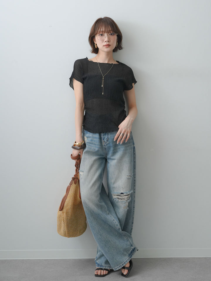 [SET]シャーリングシアーバックオープンフレンチトップス+ダメージデニムセミワイドパンツ(2set)