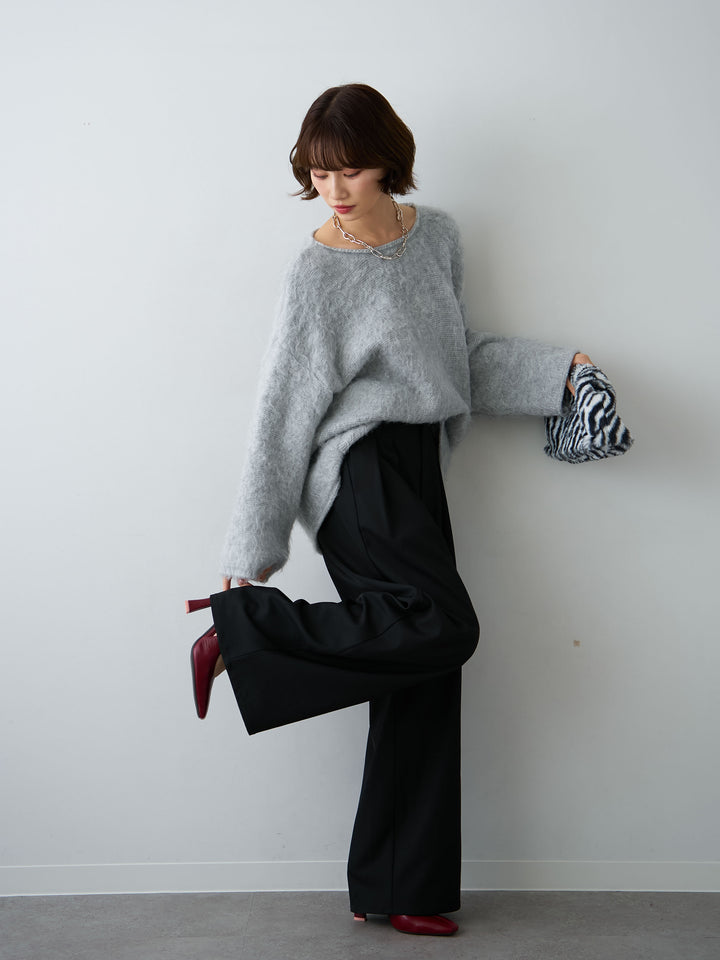 [SET]ボートネックシャギーオーバーニットトップス+ツイルタックワイドパンツ(2set)