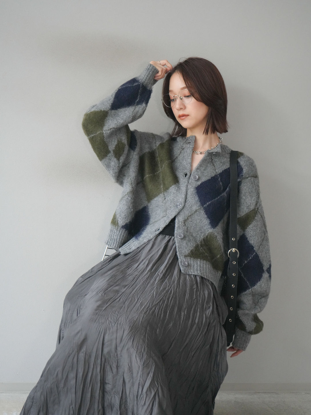 [予約]モヘアタッチアーガイルニットカーディガン/ gray