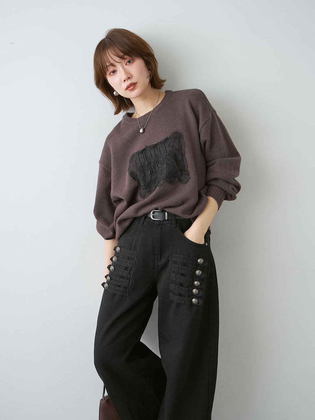 [SET]アルパカタッチ刺繍レースロゴニットプルオーバー+選べるアクセセット(2set)