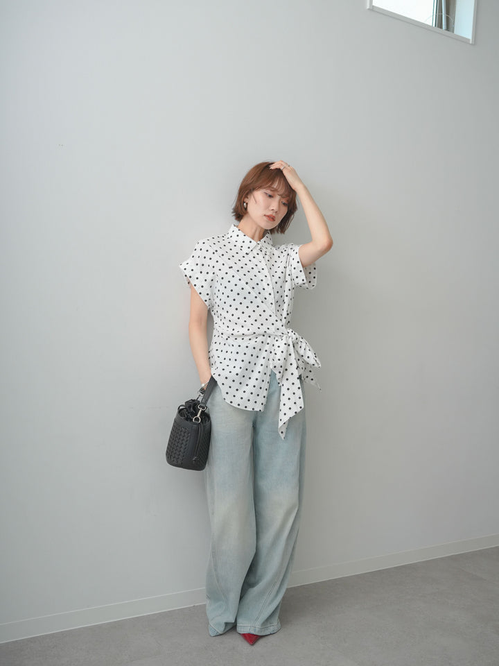 [SET]サイドリボンフレンチスリーブシャツ+サイドリボンフレンチスリーブシャツ(2set)