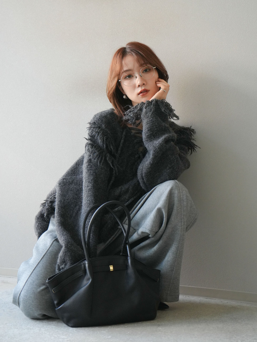 [予約]レースアップフリンジニットプルオーバー/gray