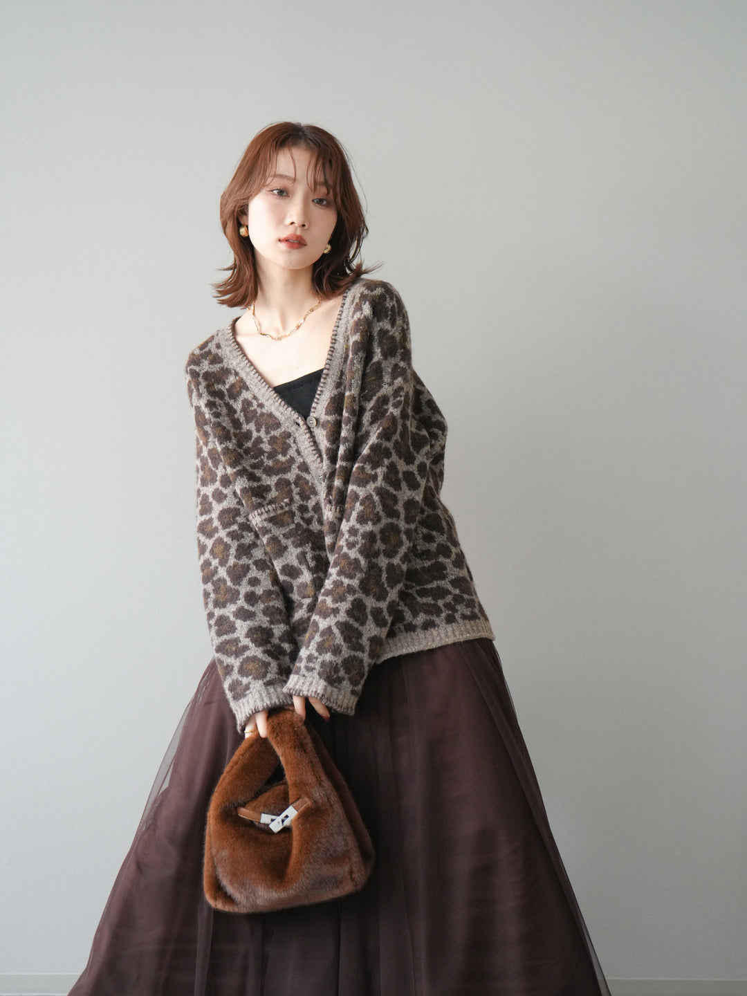 [予約]アニマル柄ステッチニットカーディガン/khaki