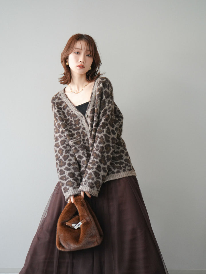 [予約]アニマル柄ステッチニットカーディガン/khaki