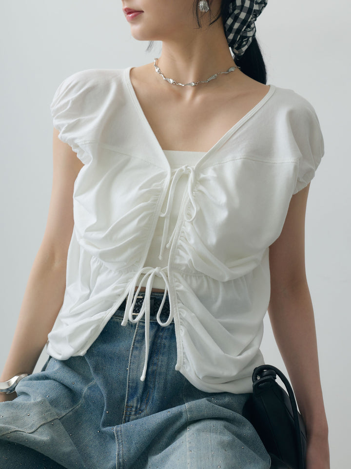 [SET]フレンチスリーブフロントリボンギャザートップス+フロントビジューカーブデニムパンツ(2set)