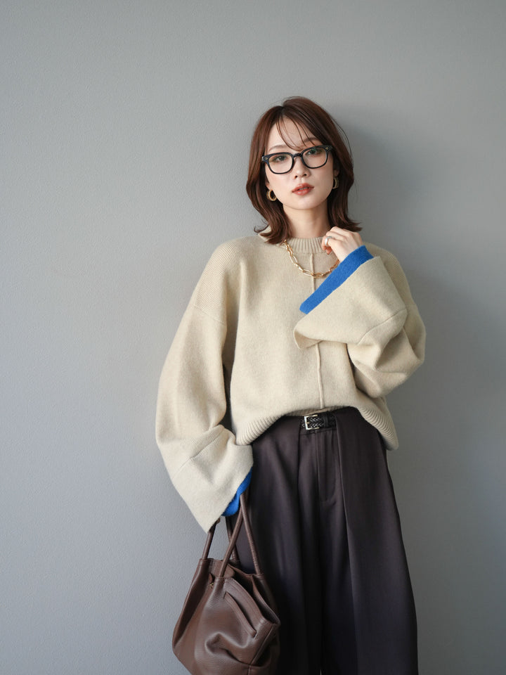 [予約]袖レイヤード配色ニットプルオーバー/ivory
