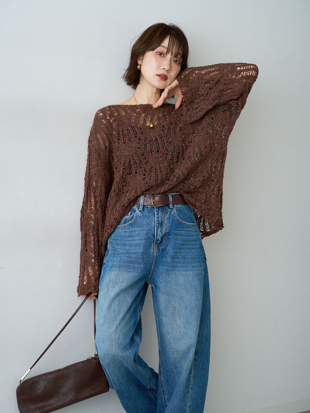 [予約]ミックスループ透かし編みニットトップス/brown