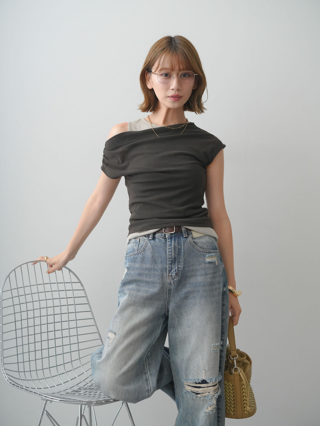 [SET]レイヤードドッキングシアーニットトップス+ダメージデニムセミワイドパンツ(2set)