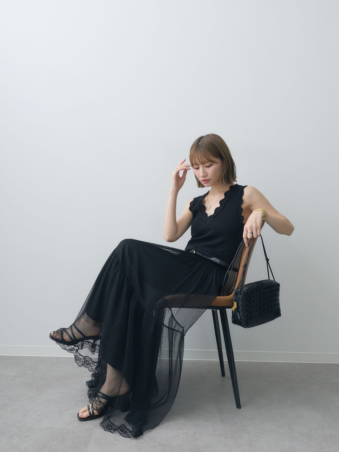 [SET]カーブデザインリブニットタンクトップ+チュールボリュームスカート(2set)
