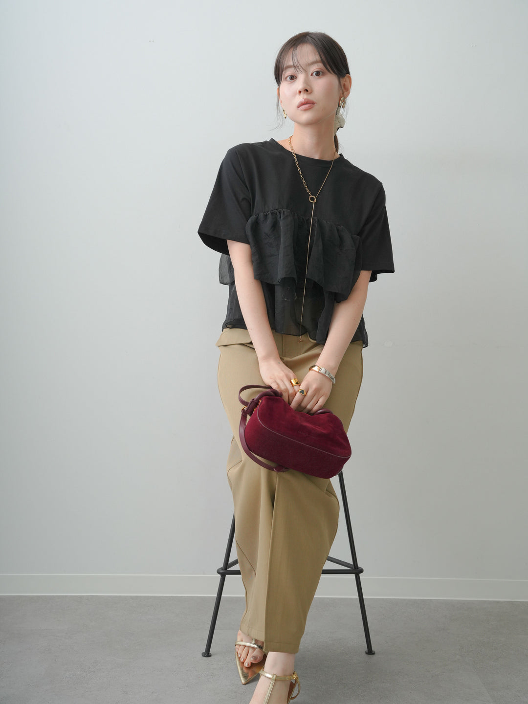 [SET]オーガンジーフリルドッキングTEE+クレープデシンフラップ付きストレートスカート(2set)