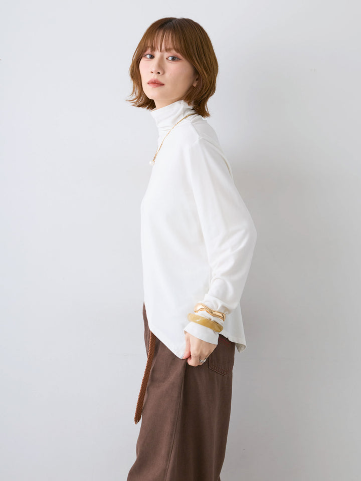 [SET]モックネックアシメヘムトップス+カラーステッチワイドパンツ(2set)