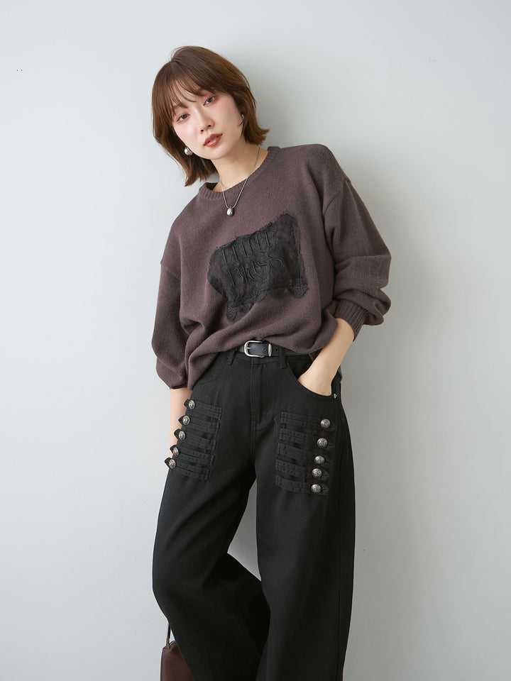 [予約]アルパカタッチ刺繍レースロゴニットプルオーバー/brown