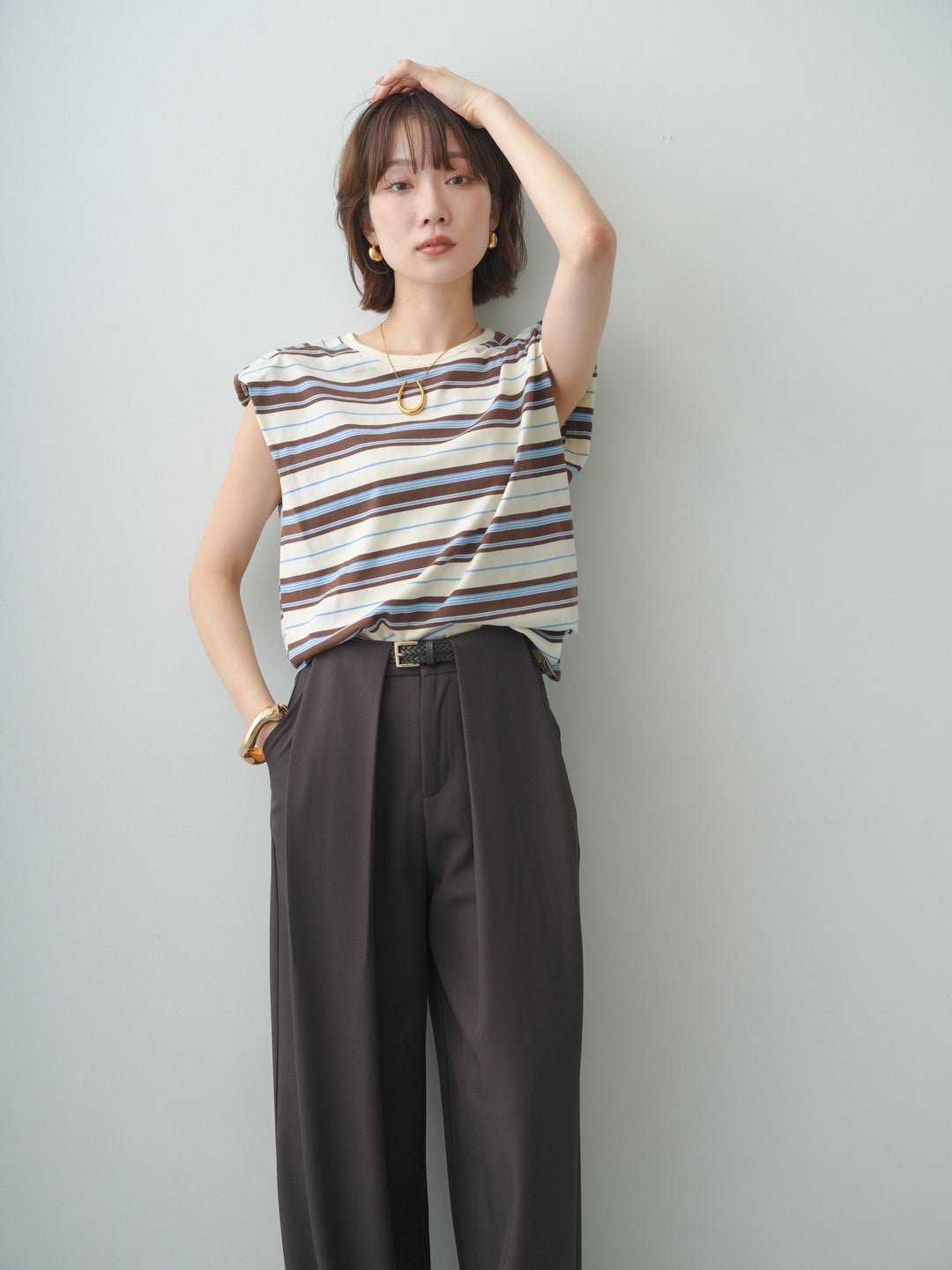 [予約]ショルダーパッドフレンチTEE/borderbrown