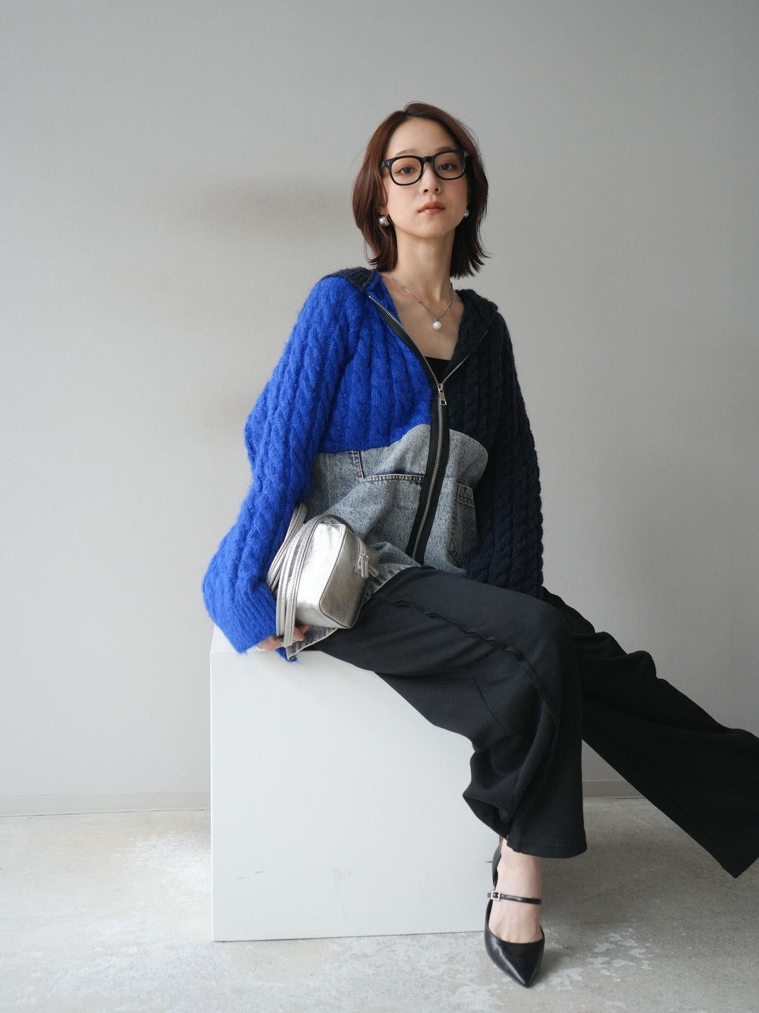 [予約]デニム×バイカラーニットZIPフーディ/blue